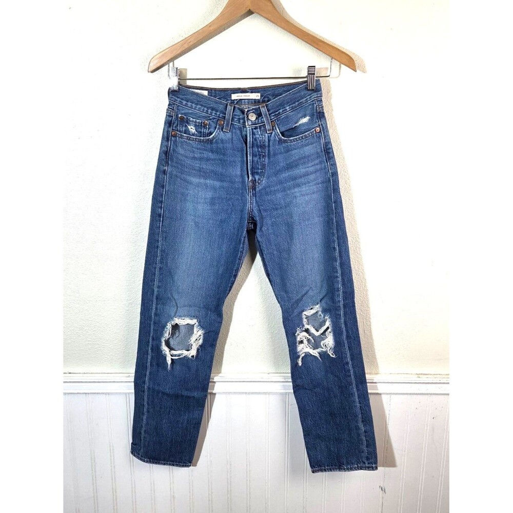 Levi's Wedgie Straight Jeans Womens 25 High Rise Distressed Ripped Blue Denim